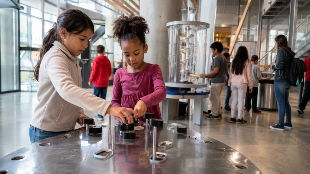 Children exploring hands on science exhibits indoors