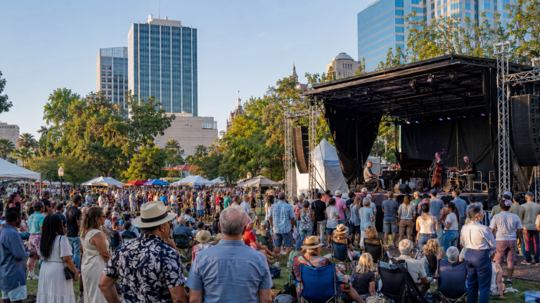 Crowds enjoying live jazz at an outdoor summer music festival in downtown San Jose