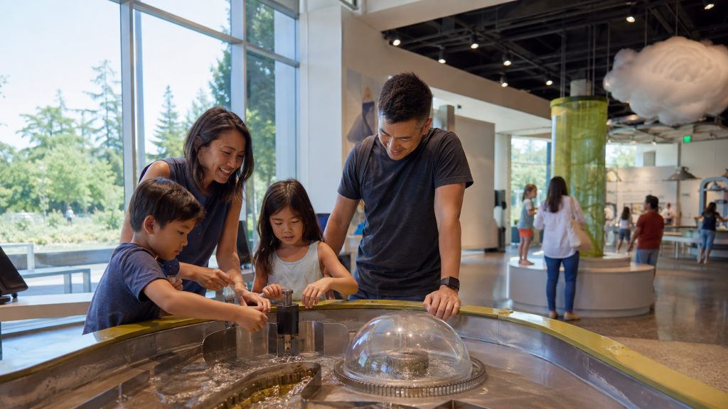 Family enjoying a cool indoor museum during a hot summer day in Santa Clara County