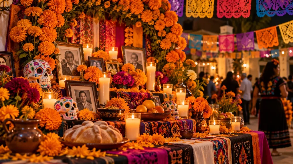 Marigold-filled Día de los Muertos ofrenda with candles and papel picado